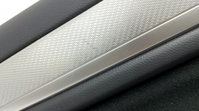 Subaru Outback 15-19 black rear left door panel, black cloth insert, black leather armrest with gray stitching, gray molding, scratches, dents