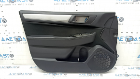 Subaru Outback 15-18 front left door panel, black insert, black cloth, black leather armrest with gray stitching, gray molding, scratches, needs cleaning