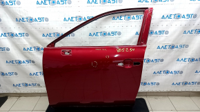 The front left door of a Toyota Venza 21-24 red 3T3 is bare, with bumps and a deformed corner.