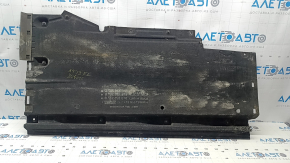 The left underbody protection of the Audi A4 B8 08-16 is large, scuffed, and torn.