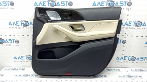 Door trim panel, front right, complete, Mercedes W167 GLE 350 450 20-23, dark gray, insert and armrest, beige leather, molding under dark wood, Burmester, scratches, needs cleaning