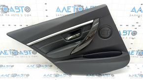 Rear left door panel assembly for BMW 3 F30 12-18, black, armrest and insert, black leather, gray stitching, chrome molding, dark wood trim, with backlighting
