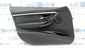 Front left door panel assembly for BMW 3 Series F30 12-18, black, armrest and insert, black leather, gray stitching, chrome molding, dark wood trim, backlit, scratches