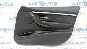 Front right door panel assembly for BMW 3 Series F30 12-18, black, armrest and insert, black leather, gray stitching, chrome molding, dark wood trim, with backlight, scratches, dents