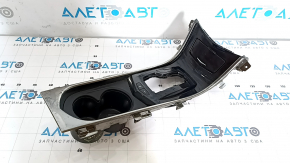 Cadillac ATS 13-19 center console trim with cup holders, black, with chrome, with button, with cigarette lighter, with box, chip, worn chrome