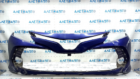 Front bumper, bare, Toyota Camry v70 18-20 LE/XLE, without parking sensors, blue, with tears, broken fasteners, scratches, and dents.