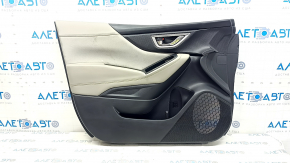 Subaru Forester 19-24 SK front left door panel, black with gray insert, cloth + leather, gray leather armrest, with handle and seal, scratches, dented, needs cleaning