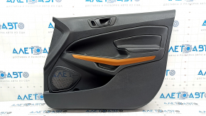 Front right door panel for Ford Ecosport 18-19, black with black plastic insert, black leather armrest, matte orange molding, with handle