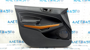 Front left door panel for Ford Ecosport 18-19, black with black plastic insert, black leather armrest, matte orange molding, with handle, scratched