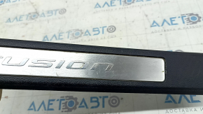 Front right door sill plate for Ford Fusion mk5 17-20, black with chrome insert, scratches, dented fastener