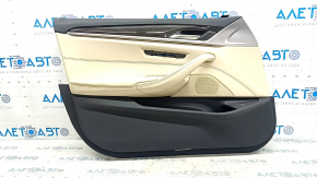 Front left door panel for BMW 5 G30 17-20 Canberra beige leather, dark wood insert, beige leather armrest, with handle, with speaker mesh, scratch, needs cleaning