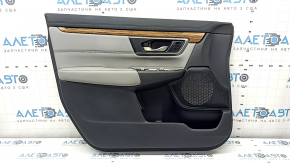 Front left door panel for Honda CRV 17-22, black, gray leather armrest, gray leather insert, wood molding, for seat memory, with handle, worn, needs cleaning