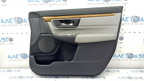 Front right door panel for Honda CRV 17-22, black, gray leather armrest, gray leather insert, wood molding, with handle, for cleaning
