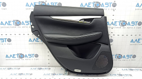 Door trim, rear left Infiniti QX50 19-21, black with black leather insert, gray stitching, leather armrest, glossy gray molding, with handle, dented, corrosion
