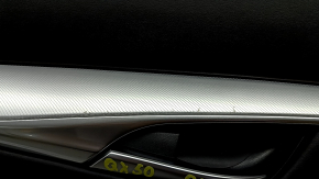 Door trim, rear left Infiniti QX50 19-21, black with black leather insert, gray stitching, leather armrest, glossy gray molding, with handle, dented, corrosion
