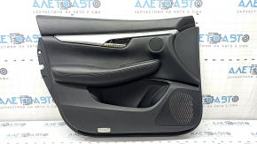 Black front left door panel for Infiniti QX50 19-22, black leather insert, black leather armrest, gray stitching, silver molding, with handle, scratches