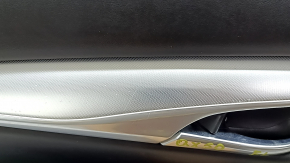 Black front left door panel for Infiniti QX50 19-22, black leather insert, black leather armrest, gray stitching, silver molding, with handle, scratches