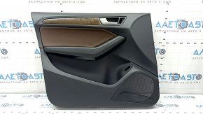 Front left door panel for Audi Q5 8R 09-17, black, brown leather insert, rubber armrest, glossy wood molding, with handle, worn, scratches on the trim