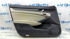 Front left door panel for a 19-22 Honda Accord, black and gray, with a gray leather armrest and wood-like insert, with a handle. It has scratches and needs cleaning, and a dent.