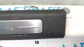 Lincoln MKX 16-18 front right door sill plate, brown with chrome and backlight, worn