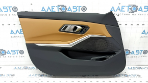 Door trim panel front left BMW 3 G20 21-25 black, brown leather COGNAC without stitching, with handle and chrome trim, armrest and insert brown leather COGNAC, for memory, with backlight