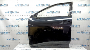 The front left door of a Nissan Rogue 21-24, black KH3, is bare, the frame is dented.