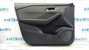 Front left door panel for Nissan Rogue 21-23 US built, black with gray insert, leather armrest, brown top, with handle, scuffs, scratches