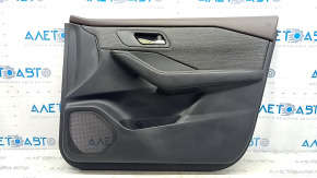 Front right door panel for Nissan Rogue 21-23 US built, black with gray cloth insert, leather armrest, brown top, with handle, scuffs, scratches
