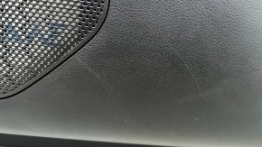 Front right door panel for Nissan Rogue 21-23 US built, black with gray cloth insert, leather armrest, brown top, with handle, scuffs, scratches