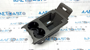Center console trim with cup holder and storage compartment for Porsche Macan 15-18, gray achatgrau, crack in fastening, broken fastening