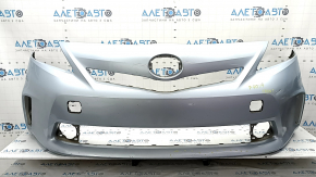 Front bumper, bare, Toyota Prius V 12-14 pre-restoration, blue, cracked, missing fragment, scratches, dented, broken fasteners