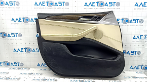 Door trim, front left, BMW X3 G01 18-21, beige leather, beige leather insert, gray stitching, dark oak Perlglanz Chrom wood insert, with handle, scratches, dents