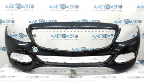 Front bumper, bare, Mercedes C-class W205 300/350e/350h/400 15-18, without parking sensors, black, fake, broken fasteners, scratches, dents, crack