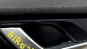 Kia Niro 23-24 front right door panel, black, dark gray cloth armrest, glossy black insert, chrome molding, with handle, crack in fastener, scratches