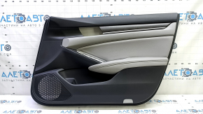 Black front right door panel for a 18-18 Honda Accord, with gray leather insert, gray leather armrest, gray wood molding
