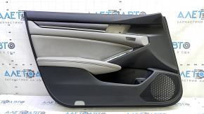 Black front left door panel for a 18-18 Honda Accord, with gray leather insert, gray leather armrest, gray wood molding, seat memory