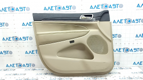 Beige front left door panel for Jeep Grand Cherokee WK2 19-22, with beige and black leather inserts, beige leather armrest, dark wood molding, with handle, scratches, dents, needs cleaning