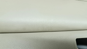 Beige front left door panel for Jeep Grand Cherokee WK2 19-22, with beige and black leather inserts, beige leather armrest, dark wood molding, with handle, scratches, dents, needs cleaning