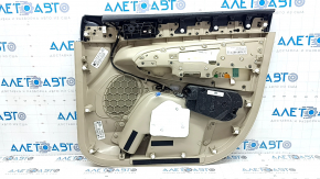 Beige front left door panel for Jeep Grand Cherokee WK2 19-22, with beige and black leather inserts, beige leather armrest, dark wood molding, with handle, scratches, dents, needs cleaning