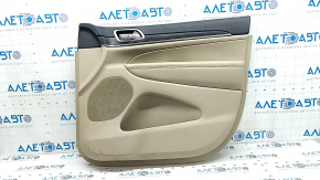 Beige front right door panel for Jeep Grand Cherokee WK2 19-22, with beige and black leather inserts, beige leather armrest, dark wood molding, with handle, scratches, dents, needs cleaning