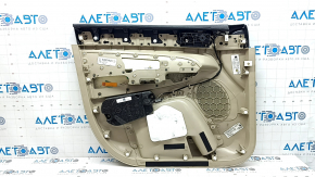 Beige front right door panel for Jeep Grand Cherokee WK2 19-22, with beige and black leather inserts, beige leather armrest, dark wood molding, with handle, scratches, dents, needs cleaning