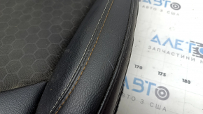 Lower passenger seat trim for a Jeep Compass 17-21, leather + cloth, black, white, and brown stitching, needs cleaning, scratches