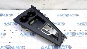 Black center console trim with cup holders for Audi A4 B9 17-19, with shifter trim, scratches on chrome, crack in mount