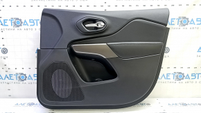 Jeep Cherokee KL 19-22 front right door panel, black with black leather insert, black leather armrest, gray molding, with handle, scuffs, scratches