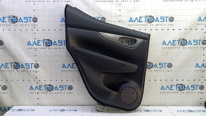 Rear left door panel for a 2022 Nissan Rogue Sport, black with black leather insert, black leather armrest, gray molding