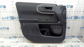 Black front left door panel for a 2021 Ford Bronco Sport with a handle, gray molding, black leather armrest, black cloth insert, scratches, scuff marks, dents