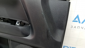 Black front left door panel for a 2021 Ford Bronco Sport with a handle, gray molding, black leather armrest, black cloth insert, scratches, scuff marks, dents
