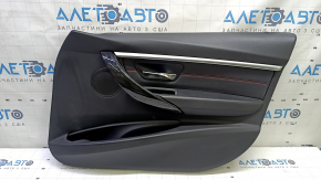 Front right door panel assembly for BMW 3 F30 12-18, black, armrest and insert, black leather, red stitching, chrome molding, dark wood trim, with backlighting, for cleaning, bumpers
