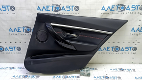 Door trim panel rear right complete BMW 3 F30 12-18 black, armrest and insert black leather, red stitching, chrome molding, dark wood trim, with backlight, needs cleaning, broken