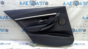 Rear left door panel assembly for BMW 3 F30 12-18, black, armrest and insert, black leather, red stitching, chrome molding, dark wood trim, with backlighting